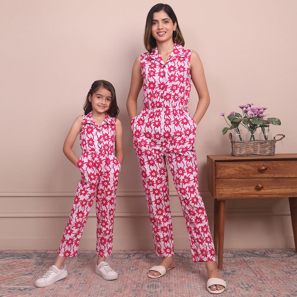 Fuchsia Printed Collared Jumpsuit Mom & Daughter Set