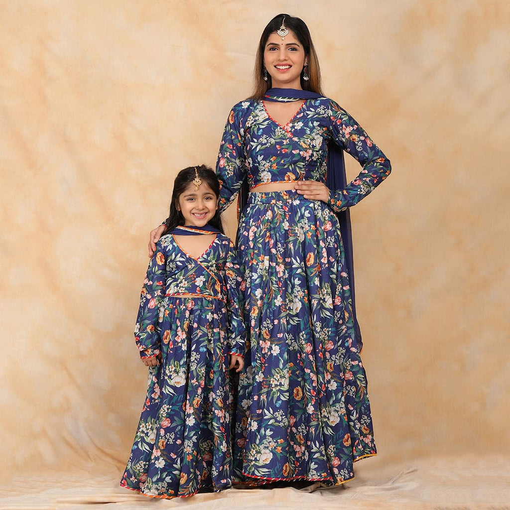 Navy Floral Printed Lehenga Choli Mom & Daughter Set