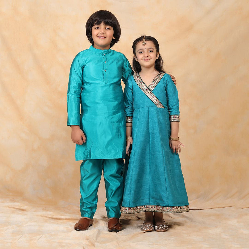 Peacock Blue Silk Kurta-Pyjama & Anarkali Siblings Set