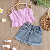 Girls Purple Sleeveless Crop Top With Denim Shorts Set