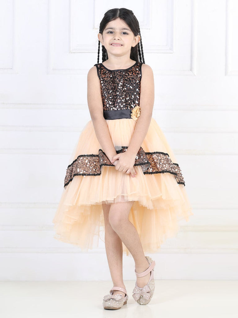Girls Peach Sequins High-Low Hem Party Dress