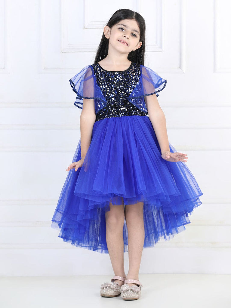 Girls Royal Blue Sequins Cape High-Low Hem Party Dress