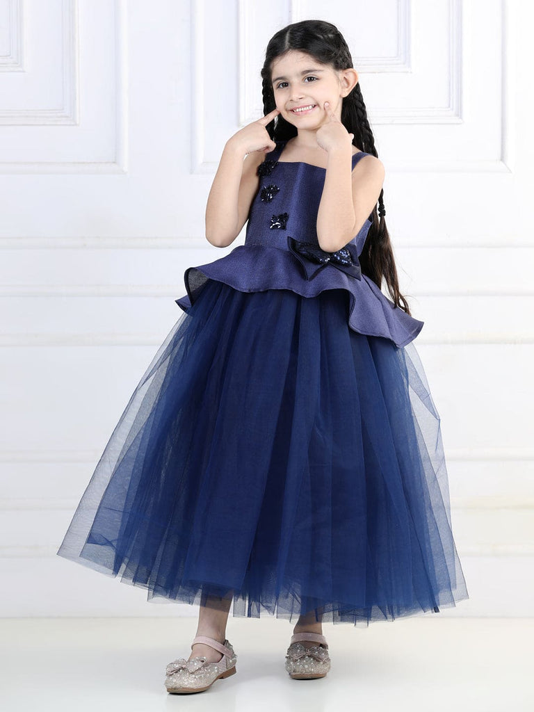Girls Navy Blue Peplum Applique Tulle Party Gown