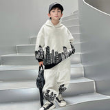 Boys Grey Printed Hooded Sweatshirt With Pants Sets