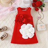 Girls Red Sleeveless A-line Dress With Large 3D Flowers Applique