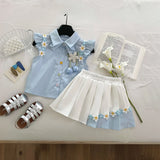 Girls Light Blue Floral Applique Sleeveless Shirt With Pleated Skirt Sets