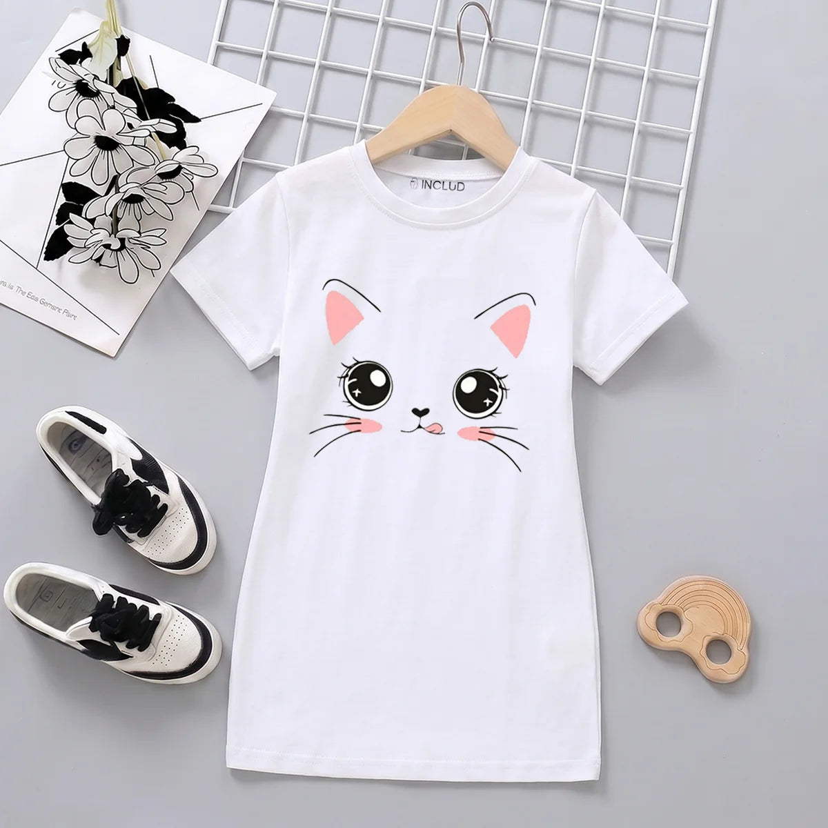 Girls Off White Cat Graphic Tshirt Dress INCLUD Girls Off White Cat Graphic Tshirt Dress INCLUD