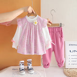 Girls Pink Floral Printed Tunic With T-Shirt & Pants Set