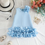 Girls Sky Blue Solid A-line Party Dress With Flower Appliques