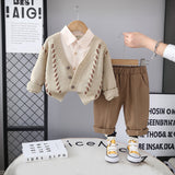 Boys Khaki Self-Design Cardigan With Shirt and Pants Set