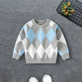 Boys Multicolor Regular Sweater With Self-Design Diamond Patterns
