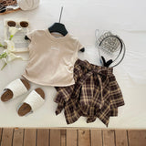 Girls Beige Bow Embroidered Cap Sleeve Top With Checked Skirt Sets