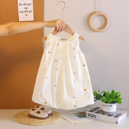 Girls Cream Embroidered Sleeveless A-line Bubble Dress Casual Dresses Cream 1-2 Y