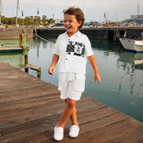 Boys White Printed Shirt with Shorts Set