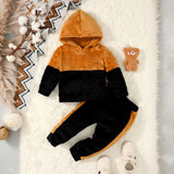 Boys Black Velveteen Hooded Sweatshirt with Trackpants Set