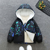 Boys Green Printed Long Sleeves Hooded Fleece Lined Jacket