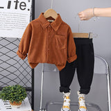 Boys Orange Long Sleeve Corduroy Shirt With Pants Set