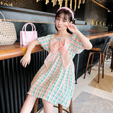 Girls Pink Textured Bow Applique Puff Sleeves Casual Dress