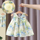 Girls Light Blue Sleeveless V-Neck Printed A-Line Dress