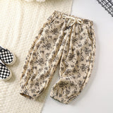 Girls Beige Floral Printed Corduroy Hem Cuff Elasticated Pants