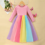 Girls Pink Rainbow Panelled Full Sleeves Casual Dress