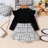 Girls Black Long Sleeves Top With Checked Skirt & Hat Set