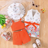 Girls Orange Butterfly Printed Waistcoat Top & Hat With Crop Top & Shorts Summer Set