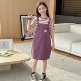 Girls Purple Smiley Pinafore Dress With Stripe T-Shirt