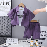 Boys Purple Short Sleeves Shirt With T-Shirt And Shorts Set