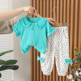 Girls Teal Self Striped Knitted Top With Printed Pants Set