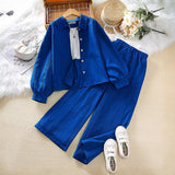 Girls Blue Textured Long Sleeve Shirt With Pants Set