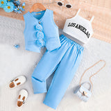 Girls Sky Blue Floral Applique Waistcoat With Camisole Top And Pants Set