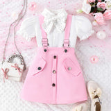 Girls Puff Sleeve Shirt With Bow & Suspender Skirt Set