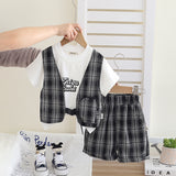 Boys Black Checked Mock Waistcoat T-Shirt With Shorts Set