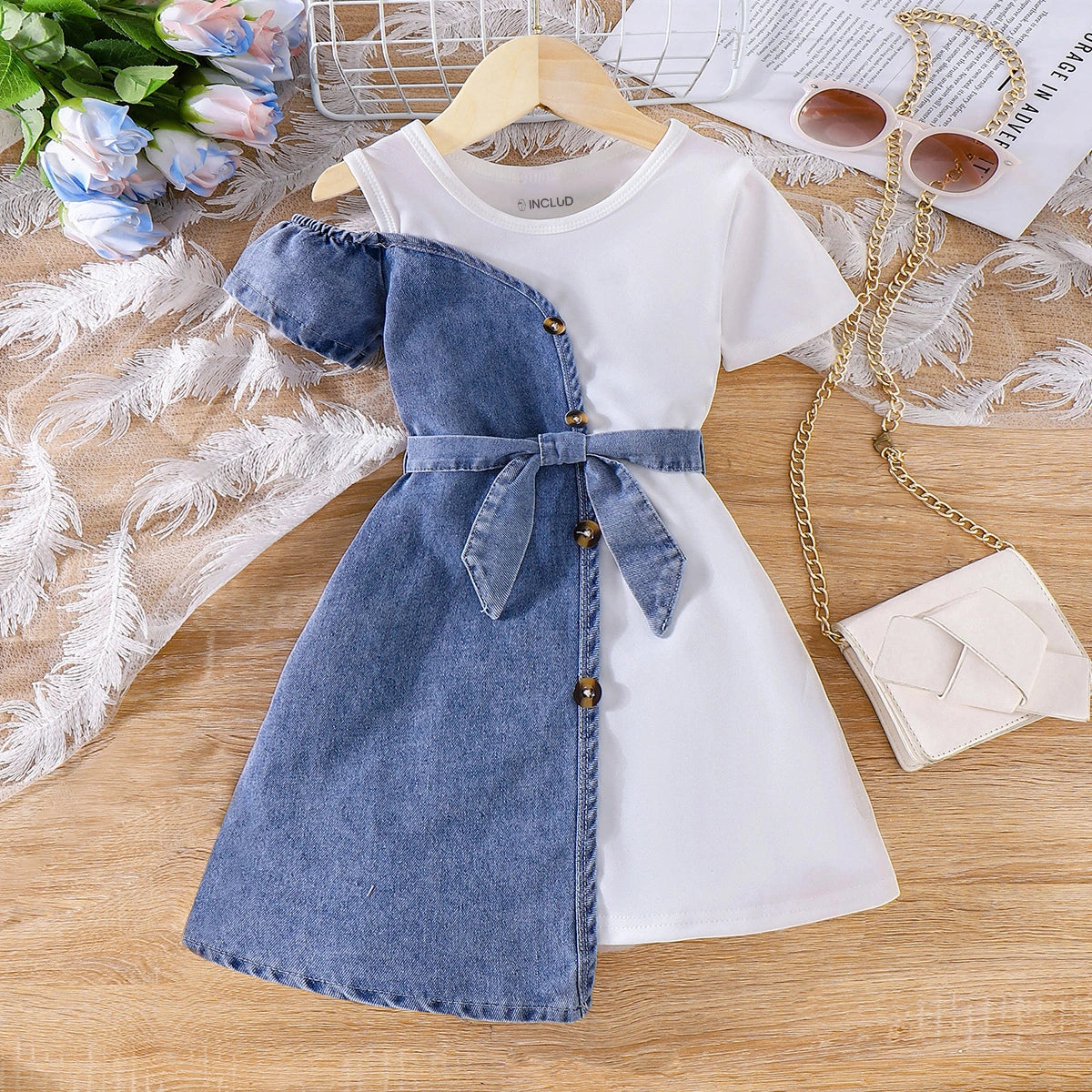 Girls Blue And White Cold Shoulder Denim A-Line Dress – INCLUD