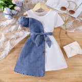 Girls Blue Solid Cold Shoulder Denim A-Line Dress