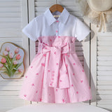Girls Pink Stripes Short Sleeves Shirt Dress