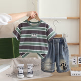 Boys Dark Grey Striped Short Sleeves T-Shirt With Denim Shorts Set