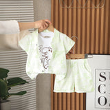 Boys Green Dinosaur Printed Shirt With Sleeveless T-Shirt And Shorts Set