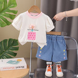 Girls Off White Flower Appliquéd Top With Denim Shorts Set