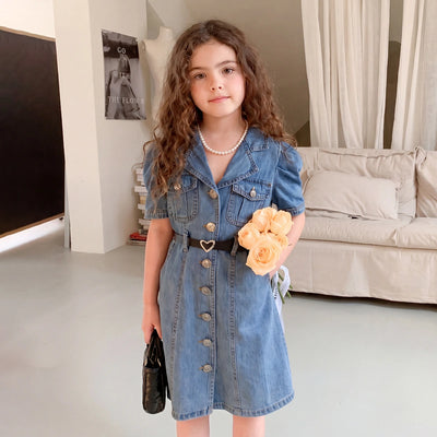 Girls Blue Puff Sleeve Denim Shirt Dress