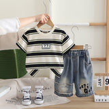 Boys Off White Striped Short Sleeves T-Shirt With Denim Shorts Set