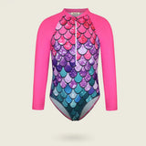 Girls Fuchsia Mermaid Printed Long Sleeves Swimwear Bodysuit