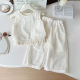 Girls Off White Self Design Sleeveless Top With Pants Sets