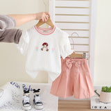 Girls Short Sleeves Appliqued Top With Peach Pleated Shorts Set