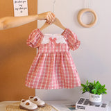 Girls Red Checked A-line Dress With Bow & Lace Trim