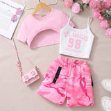 Girls Pink Crop Top & Camisole With Printed Shorts Set