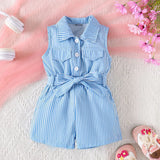 Girls Blue Striped Sleeveless Button-Front Belted Romper