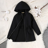 Girls Black Solid Oversized Long Sleeve Hooded Winter Jackets
