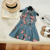 Girls Light Blue Floral Print Sleeveless Denim Shirt Dress